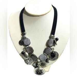 SilverTone & Gunmetal Charm Necklace Layered Faux Leather Heavy Stone 22”